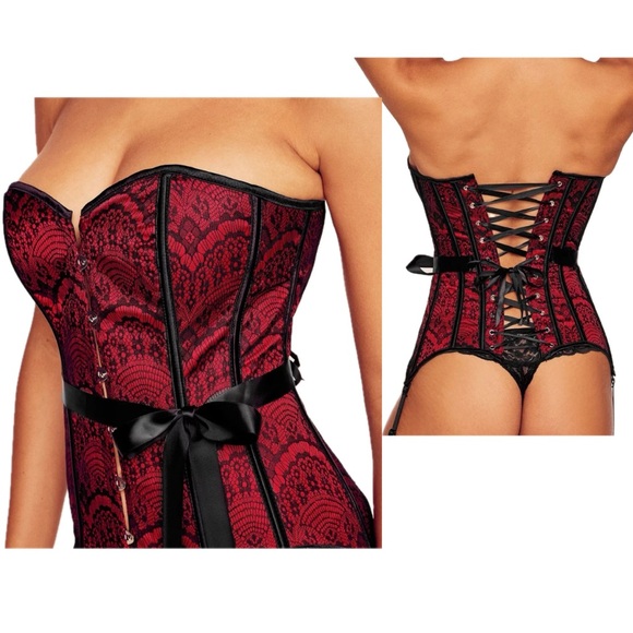 ADORE ME Scarlett Burlesque Strapless Red|Black Satin Lace Up Corset & Garters - Picture 15 of 15